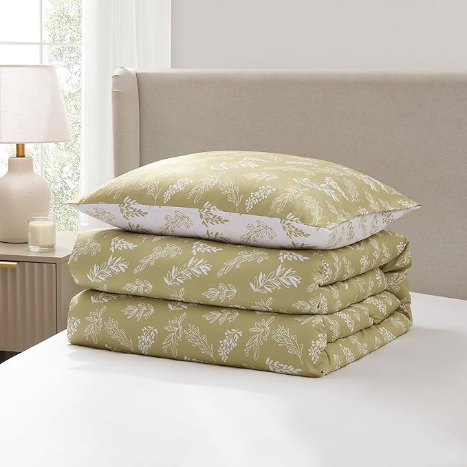 Nestl Twin/Twin XL Comforter Set - Olive Green Bed in a Bag Twin, 2 Pieces Reversible Bed Set, Soft Floral Bedding Set for College Dorm, All Season Botanical Comforters with Pillow Sham