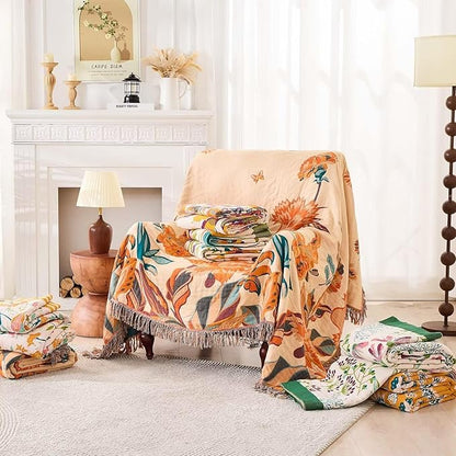 Boho Throw Blanket, 100% Cotton Ultra Soft Luxury Throw Rustic Quilt, Floral Printed Farmhouse Decor Bed Summer Blankets, All Season Rustic Reversible Bohemian Throw for Bed (80"x90" Yellow