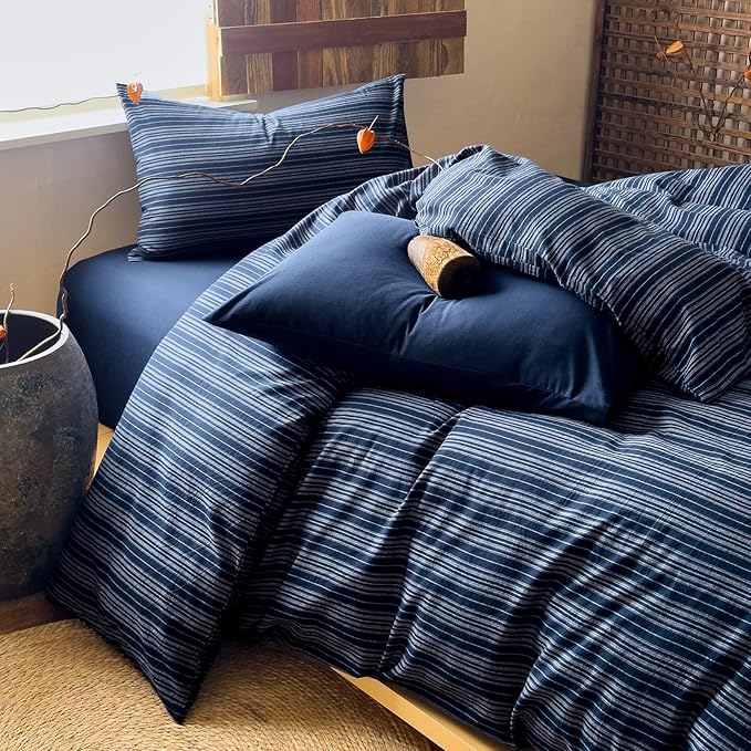 EAVD Retro Striped Duvet Cover Full Navy Blue Soft 100% Washed Cotton Reversible Stripes Pattern Bedding Set with 2 Pillowcases Farmhouse Geometric Pattern Duvet Cover with Zipper Closure