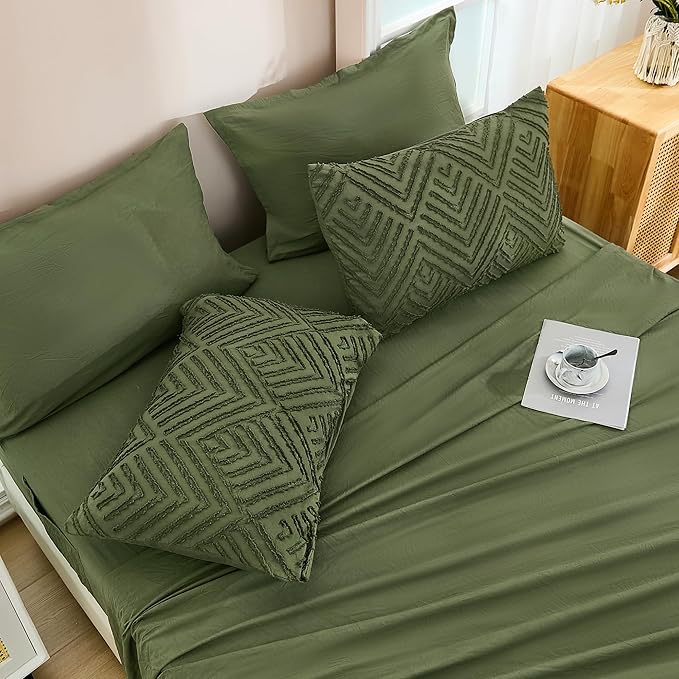 Andency Oversized King Size Comforter Set Olive Green - 7 Pieces Bed in a Bag Oversized King Boho Olive Green Bedding Comforter Sets, Tufted Bed Set with Comforter, Sheets, Pillowcases & Shams
