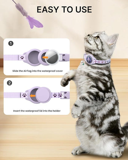 Airtag Cat Collar Breakaway, 2 Pack Cat Collar with Apple Airtag Holder | Reflective Waterproof Cat Collar with Bell, Easy Tracker with Airtag Collar, Adjustable 8-12In Lightweight & Comfortable