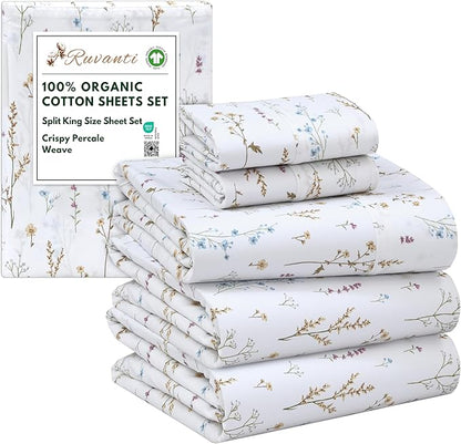 RUVANTI 100% Organic Cotton Sheets Split King, Percale Weave, GOTS Certified, 5-Piece Set, Deep Pocket 15", Crisp & Breathable, Soft Durable Bedding, Sábanas Algodón Orgánico – Field Flower