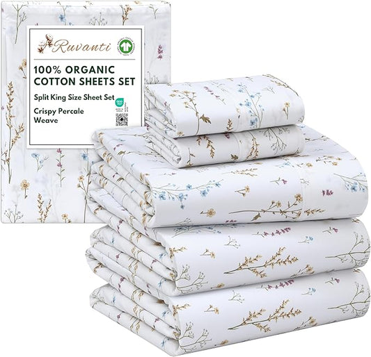 RUVANTI 100% Organic Cotton Sheets Split King, Percale Weave, GOTS Certified, 5-Piece Set, Deep Pocket 15", Crisp & Breathable, Soft Durable Bedding, Sábanas Algodón Orgánico – Field Flower