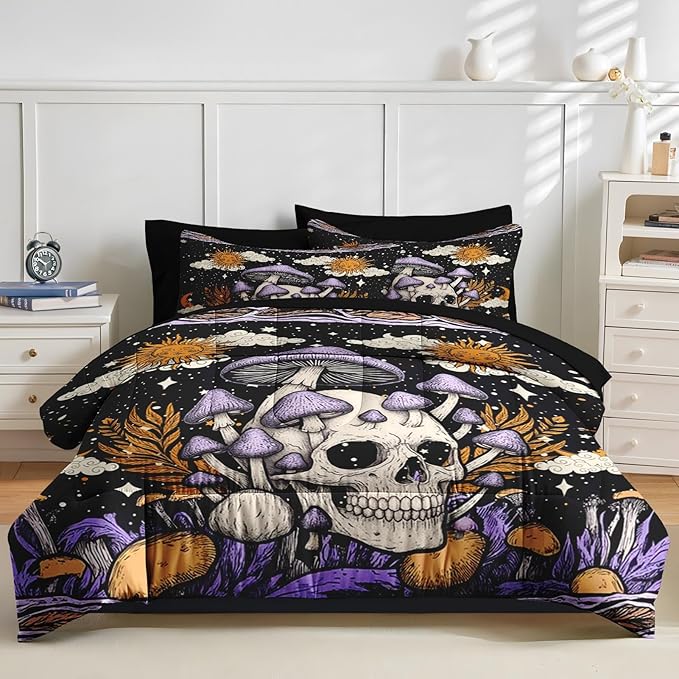 Nesker Comforter Set Full Size, Skeleton Tarot Astrology 7 Pcs Bedding for Kids and Adults, Purple Mushroom Bed Sheet Sets with Fitted Sheet 2 Pillowcases & 2 Shams