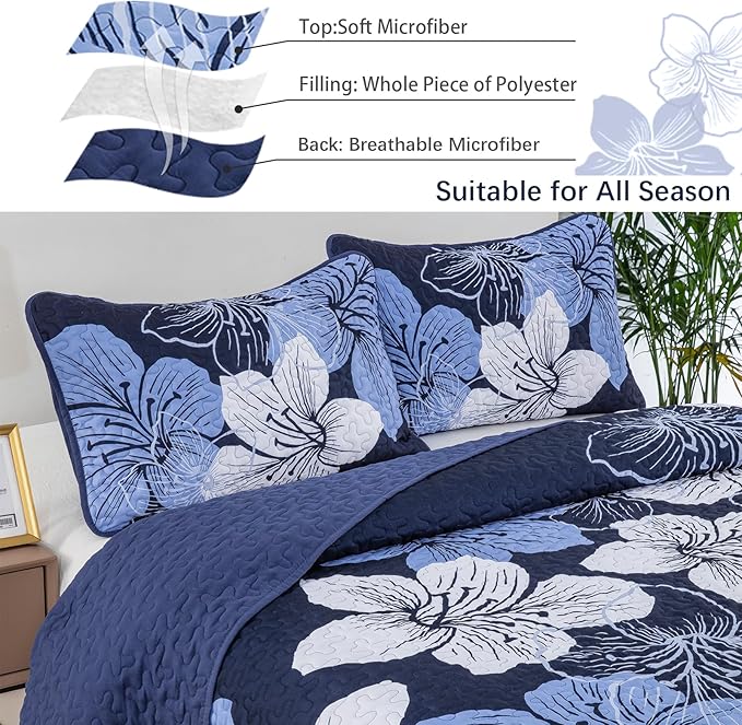 DJY 3 Pieces Quilt Set King Navy Blue Floral Pattern Quilt Coverlet Set Gorgeous Boho Bedspread with 2 Pillow Cases Cozy Microfiber Botanical Bedding Quilt Set for Teens Adults 104"x 90"