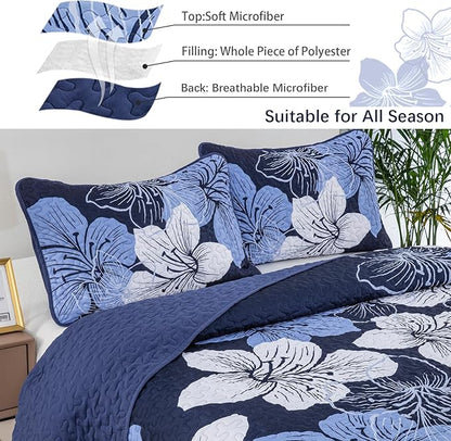 DJY 3 Pieces Quilt Set King Navy Blue Floral Pattern Quilt Coverlet Set Gorgeous Boho Bedspread with 2 Pillow Cases Cozy Microfiber Botanical Bedding Quilt Set for Teens Adults 104"x 90"
