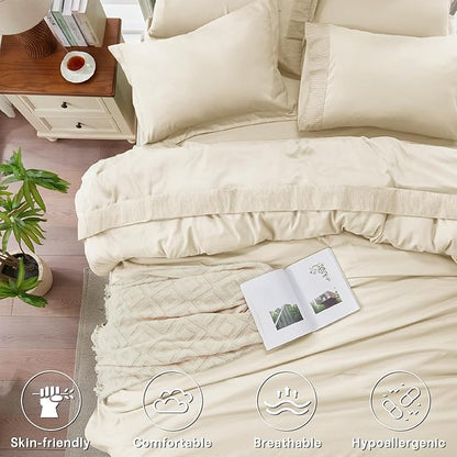 Anluoer Cream King Comforter Set 7 Pieces, Bed in a Bag with Sheets, All Season Bedding Sets with 1 Comforter, 2 Pillow Shams, 2 Pillowcases, 1 Flat Sheet, 1 Fitted Sheet