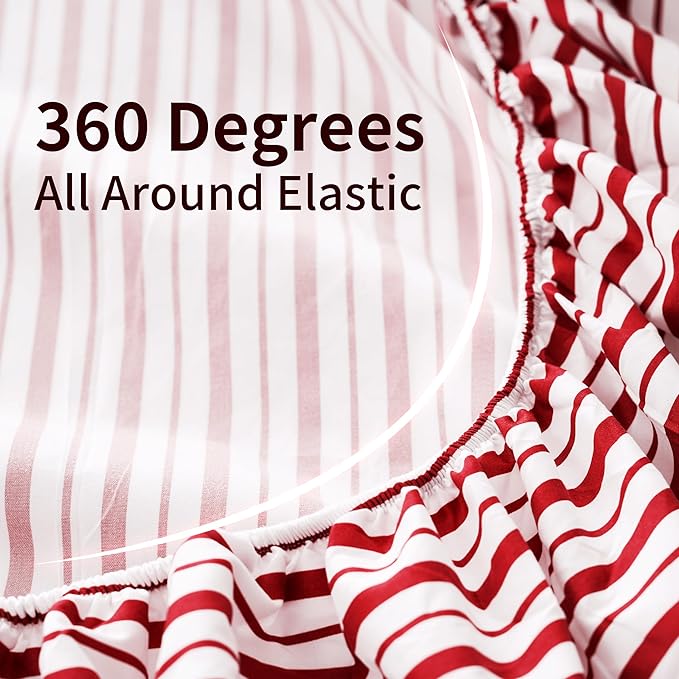 Burgundy Red Striped Sheets Set Queen Size 4 Piece - Super Soft, Easy Care & Breathable Red and White Pinstripe Bed Sheet Set with 16-Inch Deep Pockets, Great Gift for Christmas & Birthday