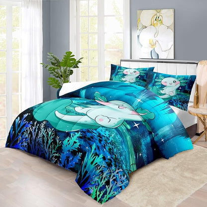 Cute Axolotl Comforter Set Kids Blue Axolotl Bedding Set Boys Girls King Size Kawaii Ocean Animal Print Comforter Boys Girls Ocean Sealife Room Decor Blue Fish Quilt Bedding