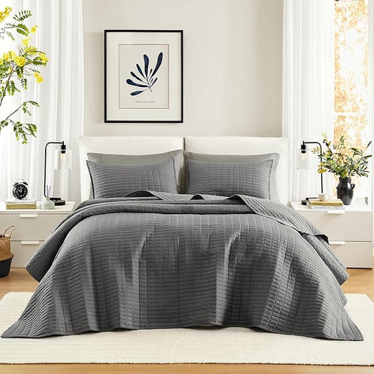 Comfort Spaces Charcoal Oversized King Quilt Set 120"x118" Bedspread Quilted Summer Lightweight Microfiber Bedding Coverlet with Double Sided Stitching Soft All Season Cozy 3 Piece with Matching Shams