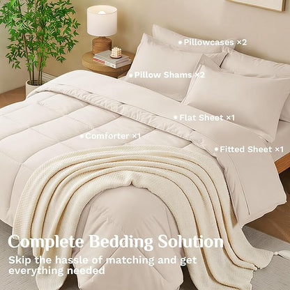 JOLLYVOGUE Queen Comforter Set, Ultra-Soft Bed in a Bag Queen Size 7 Pieces, Oeko-TEX Certified Bedding Set with Down Alternative Comforter, Sheets, Pillowcases & Shams, Beige