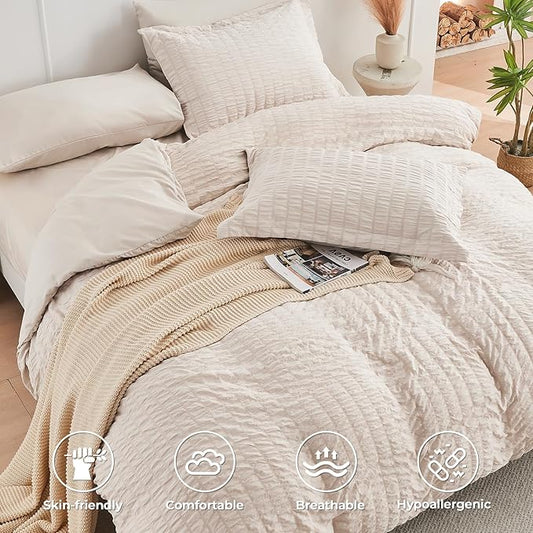HYMOKEGE Beige Duvet Cover King Size, Ultra Soft 3-Piece Seersucker Duvet Cover Set with Zipper Closure, Soft Brushed Microfiber Bedding Set with 8 Corner Ties (104"x90", 2 Pillowshams)