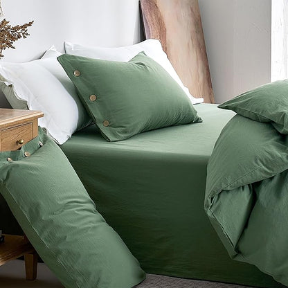 JELLYMONI 100% Washed Cotton Duvet Cover King – Soft, Breathable Linen-Look Bedding with Natural Wrinkle Texture, Button Closure, 3-Piece Set (Dusty Green, 104"x90")