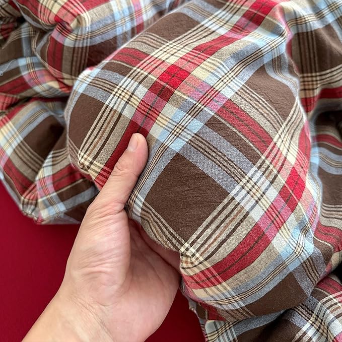 EAVD Vintage Style Red&Brown Buffalo Plaid Comforter Set King Soft 100% Washed Cotton Chic Grid Checkered Ginham Bedding Set with 2 Pillowcases Farmhouse Geometric Comforter Set for All-Season