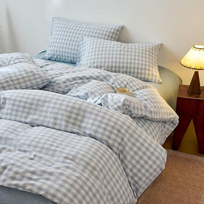 EAVD Vintage Style Blue&White Plaid Gingham Duvet Cover Queen Soft 100% Washed Cotton Chic Grid Checkered Bedding Set with 2 Pillowcases Farmhouse Blue Plaid Duvet Cover with Zipper Closure