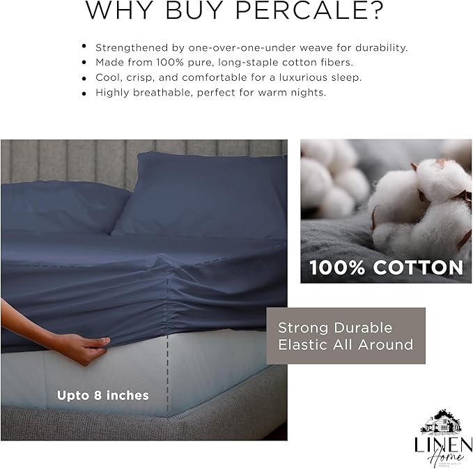 Linen Home 100% Cotton Percale Sheet Set, Queen Size, Dark Blue, Deep Pocket, 6 Pieces Set - 1 Flat, 1 Deep Pocket Fitted Sheet and 4 Pillowcases, Crisp Cool and Strong Bed Linen