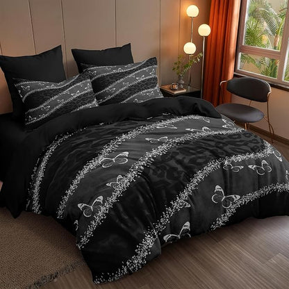 Black Leopard Print Comforter Set Twin Size,Grey Butterfly Bedding Set with 1 Pillowcases for Adult Women - 2 Pieces Soft Fluffy Breathable Microfiber/Great Bedroom Decor,(68 * 86)