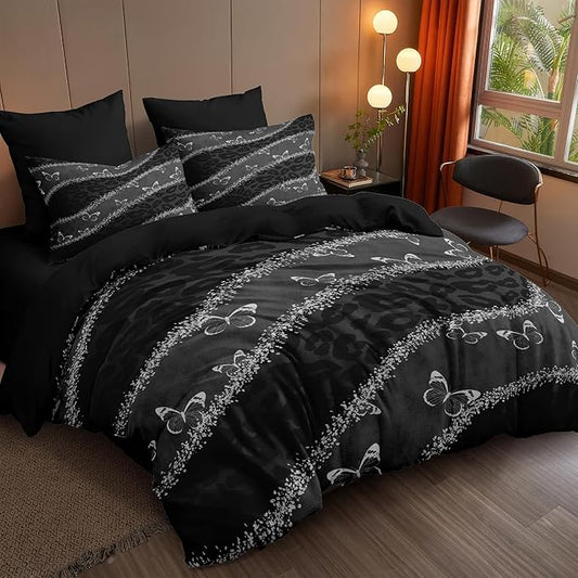 Black Leopard Print Comforter Set Twin Size,Grey Butterfly Bedding Set with 1 Pillowcases for Adult Women - 2 Pieces Soft Fluffy Breathable Microfiber/Great Bedroom Decor,(68 * 86)