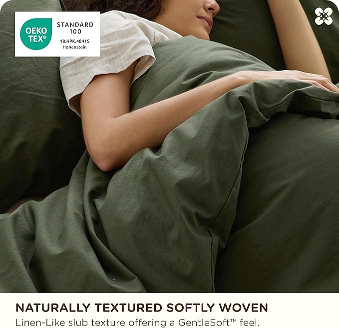 Bedsure Cotton Duvet Cover King - Luxury Slub Weave 100% Cotton Duvet Cover Set, PureWoven Bedding Set with a Linen Like Textured, Easy Change, Olive Green, 104" x 90"
