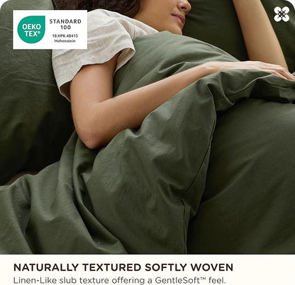 Bedsure Cotton Duvet Cover King - Luxury Slub Weave 100% Cotton Duvet Cover Set, PureWoven Bedding Set with a Linen Like Textured, Easy Change, Olive Green, 104" x 90"