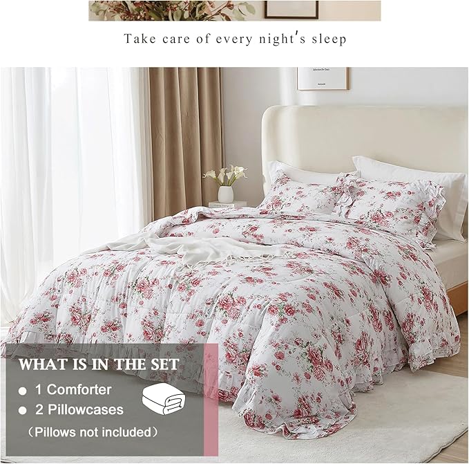 Rose Red Flower Comforter Set Queen Size Romantic Girls Lace Comforter Set Soft Microfiber Botanical Bedding Comforter Set 1 Floral Ruffled Comforter with 2 Pillowcases Lightweight Comfy
