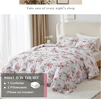 VM VOUGEMARKET Ruffle Comforter Set Twin XL Red Rose Flower Comforter Romantic Floral Bedding Set Soft Microfiber Botanical Bedding Comforter Set 1 Flower Ruffled Comforter with 2 Pillowcases