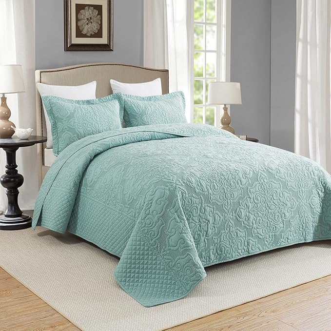 Travan 3-Piece Queen Quilt Set Quilted Bedspread Oversized Microfiber Lightweight Bedspread Coverlet Set with Shams Bedding Set for All Season, Blue, Queen Size