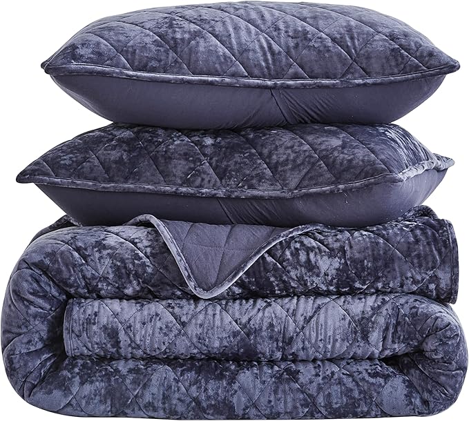 Chezmoi Collection Lux Purple Velvet Quilt King Set, 3-Piece Plush Distressed Velvet Bedding All Season Lightweight Comforter Brushed Microfiber Reverse with Diamond Stitch Quilting
