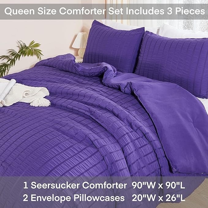 AveLom Dark Purple Seersucker Queen Comforter Set (90x90 inches), 3 Pieces-100% Soft Washed Microfiber Lightweight Comforter with 2 Pillowcases, All Season Down Alternative Comforter Set for Bedding
