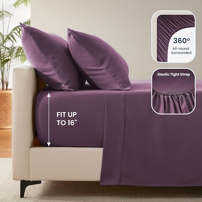 SLEEP ZONE Nanotex Super Soft Cooling Full Size Bed Sheets Set 4 Piece - Easy Care Fitted Flat Sheet & Pillowcase Sets - Wrinkle Free, Fade Resistant, Deep Pocket 16" (Purple, Full)
