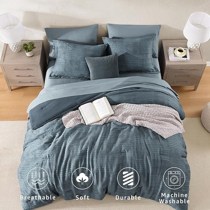 MaiRêve Full Size Comforter Sets Dusty Blue, Textured Design Crinkle Bedding Sets 7 Pieces, All Season Bed in A Bag with Comforter, Sheets, Pillowcases & Shams