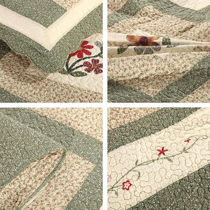 vctops Farmhouse Green 3 Piece Embroidered Floral Quilted Bedspread Quilt Set 100% Cotton Reversible Patchwork Coverlet Set 1 Quilt and 2 Pillow Shams (Green,Queen)