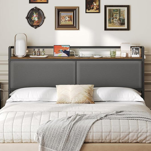 Queen Size Headboard Only with Storage Shelves, Upholstered Headboard with Charging Station, Height Adjustable, Sturdy and Stable, Vintage Style, Rustic Brown, Gray and Black