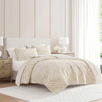 Martha Stewart - Twin Quilt Set, 100% Cotton Reversible Bedding Set, Incredibly Soft Feel for Year Round Comfort, 2 Piece Bed Set with Matching Pillowcase (Layered Branches Beige)
