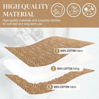 SahSahCasa Quilt Set King Size, 100% Cotton Quilt Bedding Set Bedspread, Botanical Pattern Solid Color Chic Lightweight Quilted Comforter for King Bed, White/Caramel, All Season, 3pcs