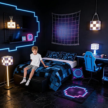 Pixelated Blocks Kids Bedding Set Queen Size,Patchwork Square Video Games Comforter Set，Geometric Patchwork Grid Quilt Comforter,Blue Bedroom Duvet Insert,2 Pillowcases