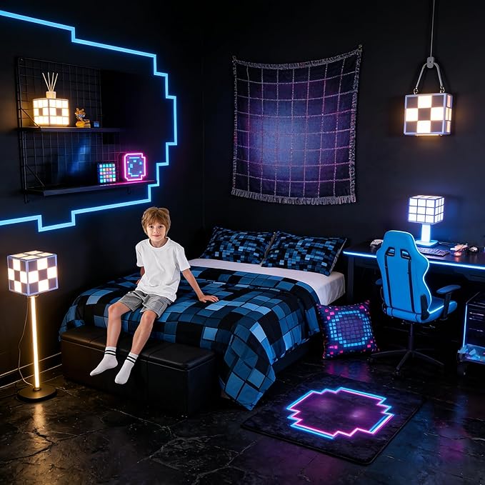 Pixelated Blocks Kids Comforter Set Twin Size,Patchwork Square Video Games Bedding Set Boys Girls Room Decor,Geometric Patchwork Grid Quilt Comforter,Blue Duvet Set Bedroom Quilt Set,1 Pillowcase