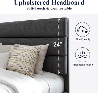 Allewie King Size Platform Bed Frame with Fabric Upholstered Headboard Gray | Wooden Slats Support, Fully Upholstered Mattress Foundation, No Box Spring Needed, Easy Assembly, Noise-Free, Dark Grey