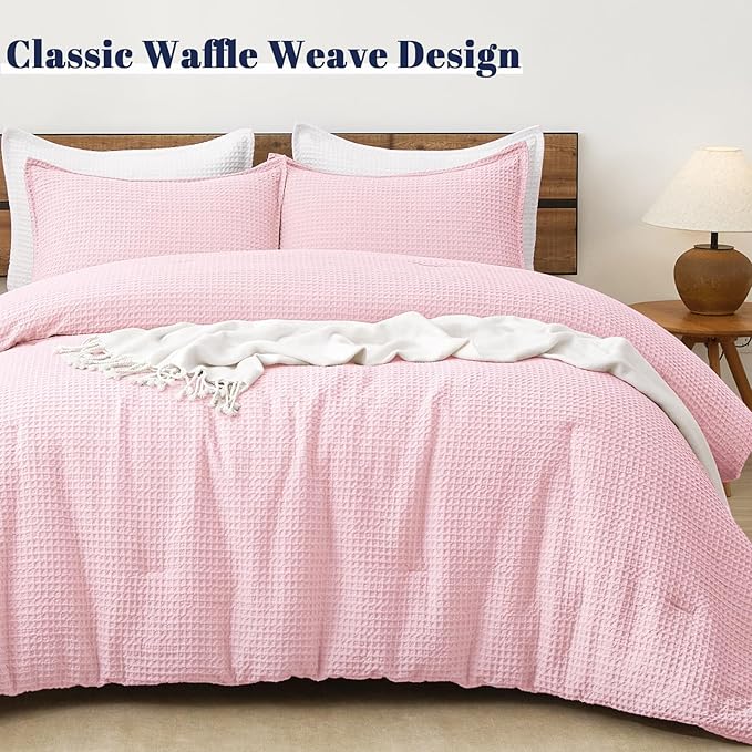 PHF Ultra Soft Waffle Weave Comforter Set King Size, 3 Pieces Lightweight Breathable Comfy Bedding Set, Comfy Textured 1 Comforter with 2 Pillow Shams, Pink
