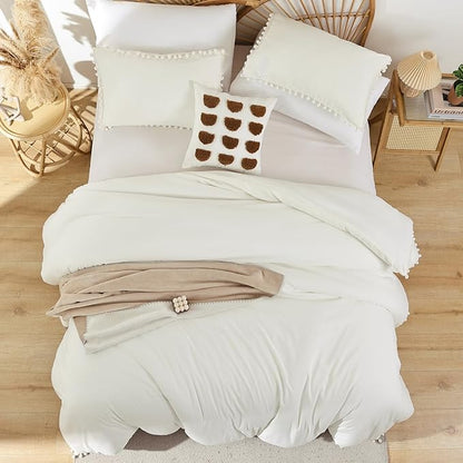 YIRDDEO Ivory Queen Ball Pom Fringe Comforter Set 3pcs, Boho Off White Aesthetic Luxurious Queen Bedding Set 3 Pieces, Vintage Ultra Soft Microfiber Comforter Set