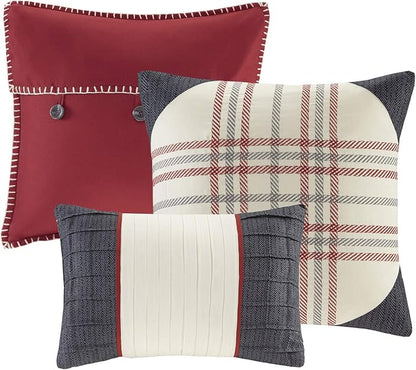 Madison Park Ridge Comforter Set - Cabin Lodge Plaid Herringbone Design, All Season Down Alternative Cozy Bedding with Matching Bedskirt, Shams, Decorative Pillow, Red Cal King(104"x92") 7 Piece