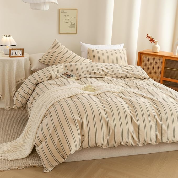ECOCOTT Duvet Cover Oversized King Size - Linen Feel Organic Natural 100% Washed Cotton, Soft Breathable & Durable Bedding Set, Comfy Stripe Design for All Seasons