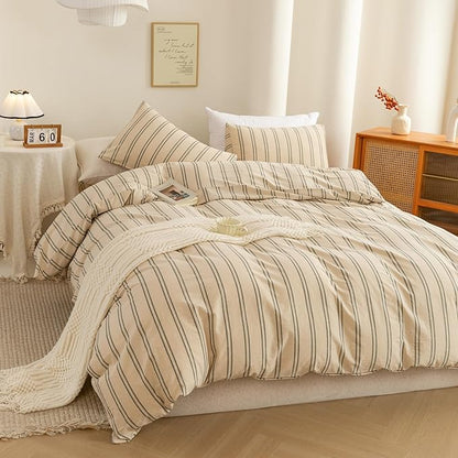 ECOCOTT Duvet Cover Oversized King Size - Linen Feel Organic Natural 100% Washed Cotton, Soft Breathable & Durable Bedding Set, Comfy Stripe Design for All Seasons