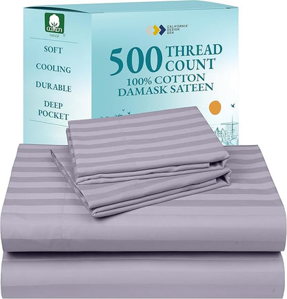 California Design Den - Deep Pocket Queen Sheet Sets, Soft 100% Cotton Sheets with Snug Fit Elastic, 500 Thread Count Sateen, Damask Stripe Bedding for Home (Stripe - Lavender)