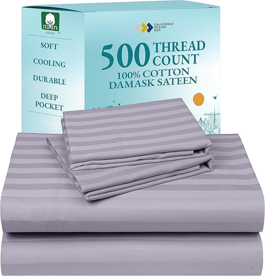 California Design Den - Deep Pocket Queen Sheet Sets, Soft 100% Cotton Sheets with Snug Fit Elastic, 500 Thread Count Sateen, Damask Stripe Bedding for Home (Stripe - Lavender)