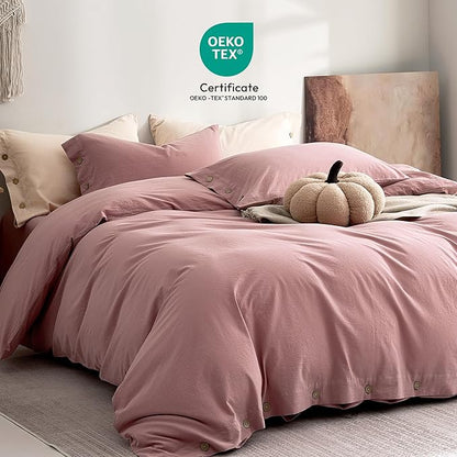 JELLYMONI 100% Washed Cotton Duvet Cover Queen – Soft, Breathable Linen-Look Bedding with Natural Wrinkle Texture, Button Closure, 3-Piece Set (Darker Rose, 90"x90")