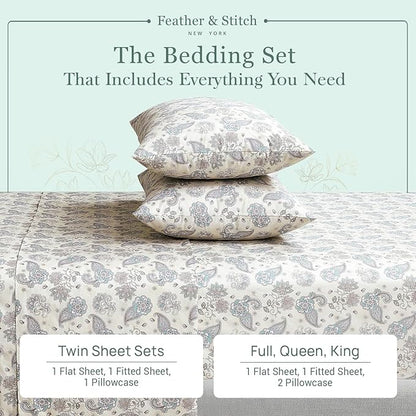 Feather & Stitch Softest 100% Cotton Sheets, 300 Thread Count Percale Weave Bedding, 16" Deep Pocket, Cooling Sheets, Breathable Bed Set, Hotel Premium Quality (Twin, Beige Paisley)