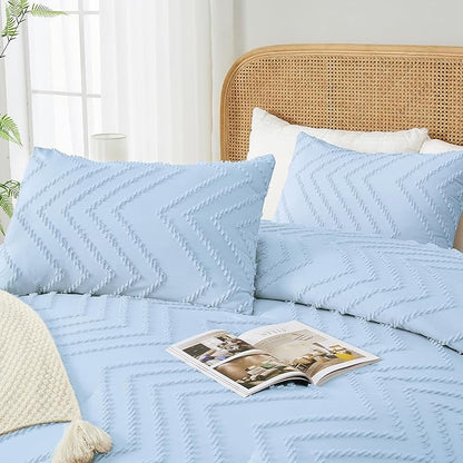 Andency Light Blue Comforter Set Full Size, Boho Soft Warm Tufted Neutral Bedding Comforter Sets for Full Bed, 3 Pieces Aesthetic Chevron Cute Bohemian Textured Bedding Set