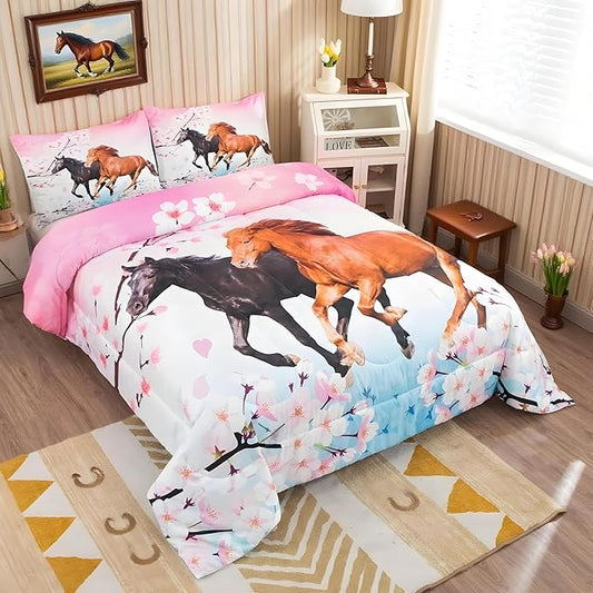 Feelyou Kids Horse Bedding Set Chic Cherry Blossom Bedding Comforter Set for Girls Teens Galloping Horse Printed Comforter 3D Wild Animal Duvet Set Bedroom Decor Quilt Set 3Pcs Queen Size