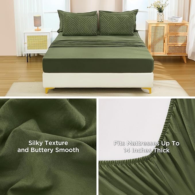 Andency Queen Comforter Set Olive Green - 7 Pieces Bed in a Bag Queen Boho Olive Green Bedding Comforter Sets, Tufted Bed Set with Comforter, Sheets, Pillowcases & Shams
